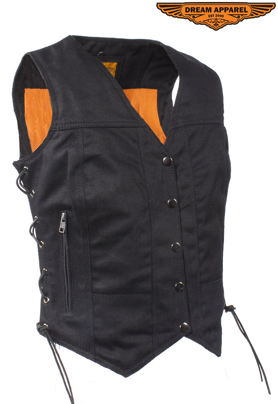 Womens Black Denim Motorcycle Vest With Side Laces LeatherVendor