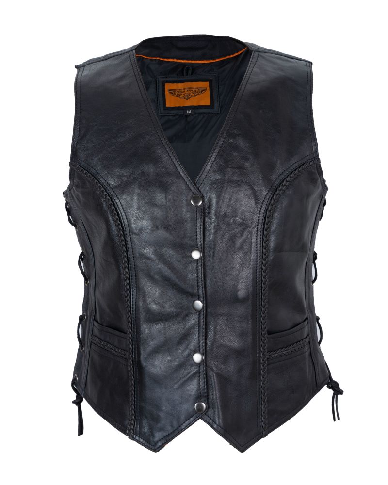 Womens Concealed Carry Braided Black Leather Studded Vest -Tall, M